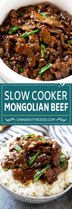 the cover of slow cooker mongolian beef is shown in two different images