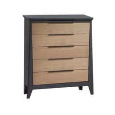 a black and oak chest of drawers with three drawers on each side, one drawer open