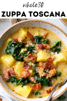 a bowl of zupa toscana soup with spinach and sausage