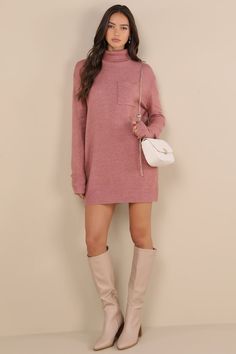 Prepare to be the cutest (and warmest) babe of the season in the Lulus Positively Charming Heather Pink Turtleneck Mini Sweater Dress! Soft brushed sweater knit (with a subtle heathered effect throughout) shapes this cozy dress that features a chic turtleneck framed by long sleeves with drop shoulders. The relaxed, shift silhouette boasts a front patch pocket before it falls to a cute mini hem that pairs perfectly with your favorite knee-high boots. Ribbed knit accents the neckline, cuffs, and h Pink Turtleneck, Mini Sweater, Cozy Dress, Turtleneck Sweater Dress, Comfortable Room, Mini Sweater Dress, Pink Mini Dresses, Sweater Knit, High Boots