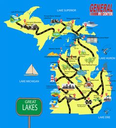 a map of the great lakes of michigan with roads and parks on it, along with a green sign