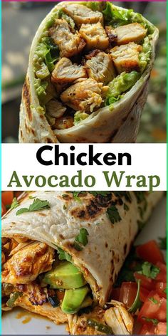 the chicken avocado wrap is cut in half and stacked on top of each other