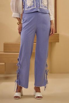 Blue embroidered boxy fit cropped vest top with tassels and ties on the side and macrame buttons. Comes with shirt and pant with embroidery and ties on the side. - Aza Fashions Spring Casual Pants With Tassels, Casual Spring Pants With Tassels, Casual Spring Tassel Pants, Cotton Pants With Tassels For Spring, Spring Cotton Pants With Tassels, Cropped Vest Top, Vest Crop Top, Cropped Vest, Vest Pattern