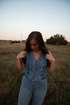 This top is great for country concerts. We love a jean on jean moment. Jean On Jean, Long Sleeve Outfit, Denim Vests, Long Sleeve Outfits, Jean Vest, Country Concerts, Jacket Vest, Western Outfits, Denim Vest