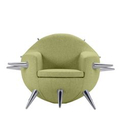 a green chair with chrome legs and an armrest