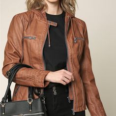 Lock And Love Women's Removable Hooded Faux Leather Jacket Moto Biker Coat Size Xxl. 21.5” Pit To Pit Brown Hooded Biker Jacket With Zipper Closure, Casual Brown Hooded Biker Jacket, Winter Urban Biker Jacket With Zipper Closure, Winter Urban Biker Jacket With Zipper, Winter Biker Jacket With Zipper For Urban Adventures, Biker Outerwear With Zipper Closure And Hood, Biker Style Hooded Outerwear With Zipper, Hooded Moto Biker Jacket For Fall, Fitted Hooded Biker Jacket With Zipper