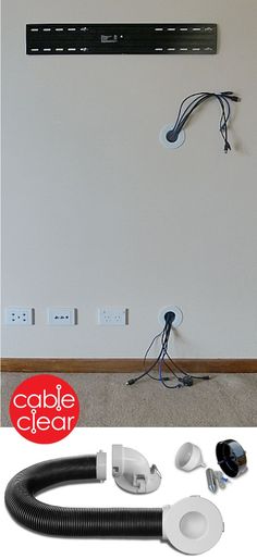 an electrical outlet with wires and plugs on the wall next to it is labeled cable clear