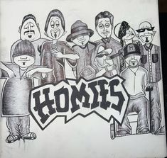 a drawing of some people with the word hors written on their face and in front of them