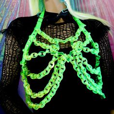 Neon Hyperpop Aesthetic, Neon Green Graphic Liner, Cybergoth Accessories, Goth Assessories, Green Alt Aesthetic, Neon Punk Outfits, Acid Green Aesthetic, Caution Tape Outfit, Punk Kandi