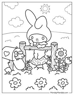 an image of a cartoon bunny eating food in the grass with flowers and clouds behind it