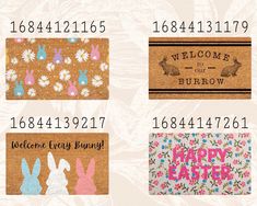 easter doormats with the words welcome to our burrow, welcome every bunny and happy easter