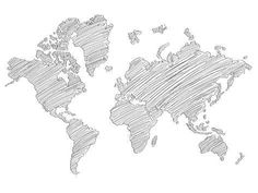 a drawing of the world map in black and white with some lines drawn on it