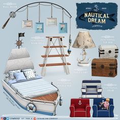 an image of nautical bedroom decor with furniture and pictures on the wall, including a ladder