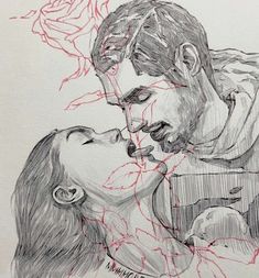 a drawing of a man kissing a woman's face with red lines on it