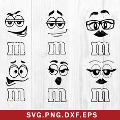 six different faces drawn in the shape of m and m with eyes, nose and mouth