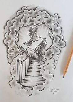 a pencil drawing of two birds flying over the top of stairs with clouds in the background