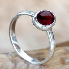 Garnet single stone ring, 'Love's Fire' - Fair Trade Jewelry Garnet and Sterling Silver Ring Simple Rings With Stones, Garnet Jewelry Silver, Garnet Silver Ring, Antique Diamond Jewelry, Garnet Ring Silver, Silver Jewelry Diy, Red Tone, Single Stone Ring, Handmade Gold Jewellery