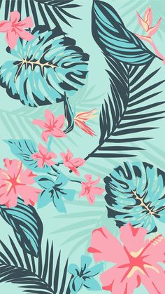 a blue and pink flower wallpaper with palm leaves on the bottom right hand corner