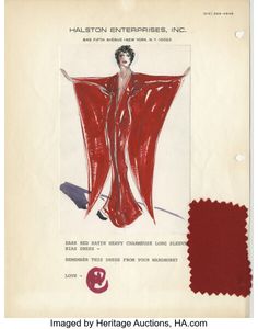 Liza Minnelli original costume sketch signed by Halston with fabric | Lot #2324 | Heritage Auctions Liza Minnelli, August 1, Red Satin, Love Images, Fabric Samples, Latest News, Nice Dresses, Auction, Sketch