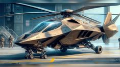 a futuristic helicopter is parked on the tarmac in front of some men standing around