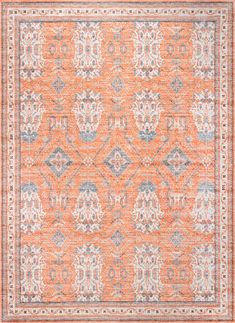 an orange rug with blue and grey accents