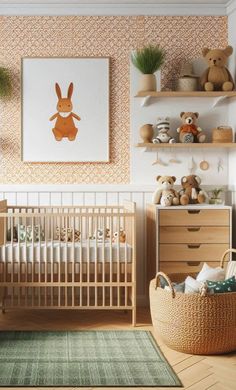 a baby's room with a crib, dressers and shelves filled with stuffed animals