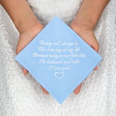 "Wedding gift for Bride from Groom - Embroidered light blue cotton handkerchief with wedding poem A great gift from Groom to his Bride on wedding and even something blue. This soft cotton handkerchief is perfect for drying her tears on your wedding day ♥ SIZE: 12\" x 12\" - 32 cm x 32 cm ♥ MATERIALS: each handkerchief we make is sewn and embroidered by Llemio of 100% high quality cotton ♥ Care instructions: hand wash cold ♥ COLOR: Handkerchiefs color - light blue or navy blue, Embroidery color - Wedding Hankerchief For Guests, Cheap Blue Handkerchiefs For Gifts, Gift For Bride From Groom, Bride On Wedding Day, Navy Blue Embroidery, Wedding Hankerchief, Bridal Handkerchief, Wedding Gift For Bride, Handmade Wedding Gifts