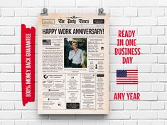 a newspaper with the words happy work anniversary on it and an american flag next to it