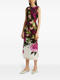 ERDEM floral-print Pencil Silk Midi Dress  | Green | FARFETCH Sleeveless Floral Print Midi Dress For Work, Sleeveless Midi Dress With Floral Print For Work, Floral Print Sheath Midi Dress For Garden Party, Floral Print Sheath Midi Dress For Work, Midi Dress Green, Midi Pencil Dress, Wedding Guest Looks, City Dress, Silk Midi Dress