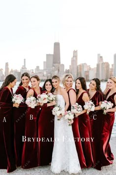 dark red velvet mismatched bridesmaid gowns Red And Gold Bridesmaid Dresses, Burgendy Bridesmaid Dresses, Shades Of Red Bridesmaid Dresses, Burgundy Bridesmaid Dresses Winter, Bridal Party Dresses Color Schemes, Christmas Wedding Bridesmaids Dresses, Cabernet Wedding Colors, Crimson Bridesmaid Dresses, Maroon Fall Wedding