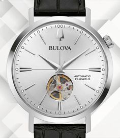 Product Details: From the Classic Automatic collection, this men’s Bulova Aerojet timepiece offers modern flair in a vintage-inspired design. The polished stainless steel case features a novel crown placement and a domed mineral glass crystal for an authentic vintage look, while the dial is rendered in a stunningly radiant silver, with silver-tone indices and hands. At 6 o’clock, an aperture reveals the beating heart of the automatic mechanical movement, which features 21 jewels and a 42-hour po Vintage Leather Watch With Metal Dial, Business Watches With Skeleton Dial, Modern Skeleton Dial Watches For Business, Business Watches With Automatic Round Dial, Automatic Watches With Round Dial For Business, Classic Business Watches With Analog Display, Modern Formal Watch Accessories With Skeleton Dial, Modern Skeleton Dial Watch Accessories For Formal Occasions, Modern Skeleton Dial Watch Accessories For Formal