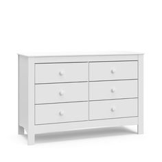 a white dresser with four drawers and two doors on one side, in front of a white background