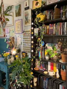 a room filled with lots of books and plants