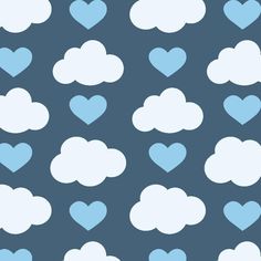 blue hearts and clouds are on a dark gray background with white heart shapes in the center