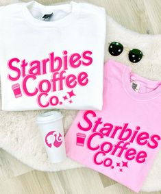 A Barbie & Starbucks Mashuo! The Starbies Coffee Co. Crewneck Sweatshirt is a versatile and cozy addition to your wardrobe- it pairs well with jeans or leggings! Wear it at home or out running errands, and layer it under a jacket or coat for added warmth. Show off your love for coffee & being the Caffeine Queen! Starbucks Shirt, Barbie T Shirt, Barbie Shirt, United Monograms, Caffeine Queen, Long Sleeve Baseball Tee, Matching Sets Outfit, Aunt Shirts, Comfort Colors Sweatshirt