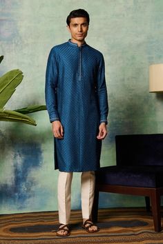 Blue silk blend kurta with all over tonal embroidery, accentuated with gold french knot detailing. - Aza Fashions Blue Kurta With Zari Weaving In Traditional Drape, Blue Kurta With Zari Weaving For Festivals, Blue Kurta With Zari Weaving For Diwali, Festive Blue Kurta With Zari Weaving, Blue Naqshi Straight Kurta Traditional Wear, Blue Naqshi Kurta For Festivals, Festive Blue Traditional Wear With Naqshi, Blue Silk Sherwani With Zari Work, Elegant Blue Kurta With Naqshi Detailing