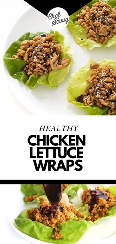 chicken lettuce wraps on a plate with sauce drizzled over them