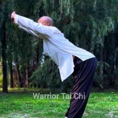 the man is practicing his martial moves in the park on green grass with trees behind him