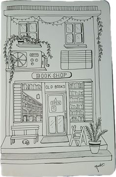 a black and white drawing of a book shop