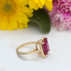 An Absolutely gorgeous pink-red Ruby corundum Gold ring. The Prong setting is the perfect way to let this stone shine with natural sunlight. The color is simply amazing as well as the clarity, This is a Grade AAA corundum Gemstone.The best in Lab grown in Rubies, Artisan made, Each stone is handpicked for color and depth then carefully set into a beautifully finished Handmade ring.Questions are most welcome! we typically answer within 1-2 hours, Thank you for your patience.Ring Features:........ Red Radiant Cut Ring For Wedding, Ruby Rings, I Attract, Half Eternity Ring, Natural Sunlight, Lovely Ring, 14k Gold Ring, Red Ruby, Ruby Ring