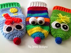 three crocheted cell phones with googly eyes