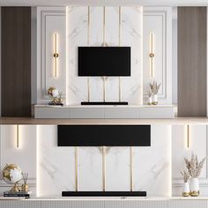 the modern living room is decorated in white marble and gold accents, along with two televisions