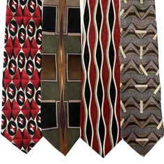 three ties are lined up next to each other in different colors and patterns on a white background