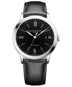 A silver-tone and black masterpiece, this automatic Swiss Classima timepiece from Baume & Mercier offers definitive luxury in a smooth, polished presentation. Style #M0A10453 Everyday Watch, Baume Mercier, Luxury Timepieces, Gold Hands, Black Case, Roman Numerals, Automatic Watch, Luxury Watches, Alligator