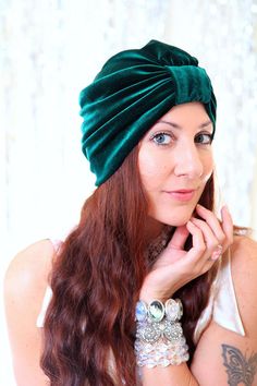 Hair Turban in Hunter Green Velvet by Mademoiselle Mermaid on Etsy. Bohemian Headwrap Headband For Party, Bohemian Party Headband Headwrap, Party Turban Headband, Bohemian Turban With Matching Headband, Bohemian Green Headwrap Style Headband, Bohemian Fitted Headscarf Headband, Bohemian Green Headwrap As Headband, Green Bohemian Headband, Bohemian Turban For Festivals