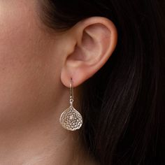 Beautiful delicate sterling silver drop earrings with a mesh, lattice work design and organic petal shape.  Dimensions (approx):  * Length: 4cm (including hook). * Width: 1.8cm (at widest).  Materials: * Sterling Silver  Beyond Biasa creates unique jewellery that is inspired by antique and tribal designs from around the globe. All of our pieces are handmade so please allow for slight variations in size and colour. Delicate Sterling Silver Teardrop Earrings, Nickel Free Delicate Drop Earrings, Nickel-free Delicate Drop Earrings, Nickel-free Drop Earrings In Delicate Style, Delicate Silver Teardrop Earrings, Petal Earrings, Tiny Pendant, Turquoise Drop Earrings, Sterling Silver Drop Earrings