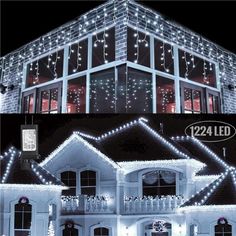 christmas lights on the outside of a house and in front of a large building with windows