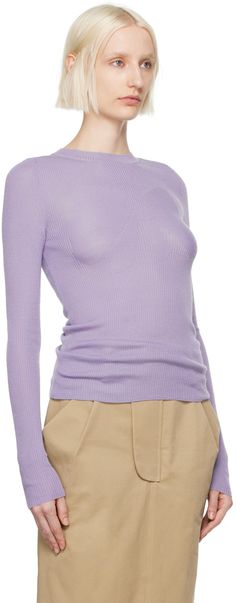 Rib knit acrylic- and wool-blend T-shirt. · Crewneck · Jacquard graphic at chest Supplier color: Purple Ribbed Merino Wool Crew Neck Top, Merino Wool Ribbed Crew Neck Top, Fitted Merino Wool Crew Neck Tops, Merino Wool Turtleneck Top For Spring, Spring Merino Wool Turtleneck Top, Purple Knit Crew Neck Top, Fitted Purple Crew Neck Sweater, Purple Ribbon, Knit Long Sleeve