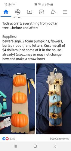 two pumpkins, flowers, burlap ribbon and spray paint are on the bed