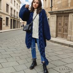 Lasaky - Royal Blue Fringed Side Slit Long Sleeve Cable Knit Cardigan - Exuding Luxury Royal Blue Cardigan Outfit, Blue Cardigan Outfit, Royal Blue Cardigan, Spring Cardigans, Formal Dresses With Sleeves, Easy Winter Outfit, Cardigan Outfits, Knitted Coat, Blue Cardigan